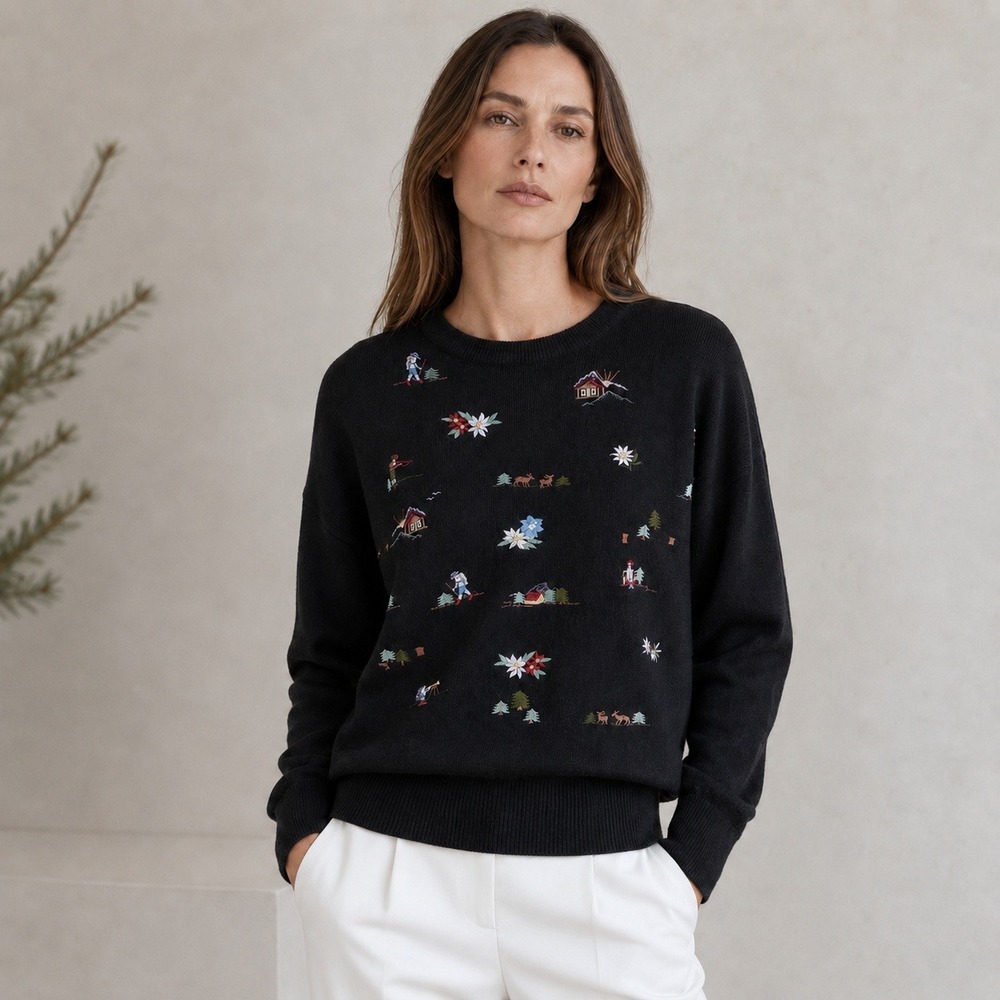 Meister Vintage Black Wool Blend Alpine Embroidered Ski Chalet Sweater Mens L